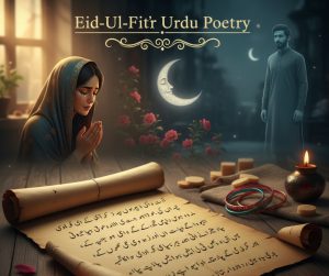 Eid- Ul- Fitr Urdu PoetryEid- Ul- Fitr Urdu Poetry
عید آئی تو یادِ یار بھی دل میں جاگ اُٹھی،
سجدہ شکر بھی کیا، آنکھ اشکبار بھی ہوئی۔

Eid aayi to yaad-e-yaar bhi dil mein jaag uthi,
Sajda-e-shukar bhi kiya, aankh ashkbaar bhi hui.

وہ جو رُوٹھا ہوا ہے، کاش عید پر آ جائے،
چاند بھی مسکرائے، دل بھی بہار پائے۔

Woh jo rootha hua hai, kaash Eid par aa jaaye,
Chaand bhi muskuraye, dil bhi bahaar paaye.

یہ عید بھی ظلمتوں میں منائی ہم نے فیض،
کہ روشنی تو ابھی قیدِ سحر میں ہے کہیں۔

Yeh Eid bhi zulmaton mein manai hum ne Faiz,
Ke roshni to abhi qaid-e-sehar mein hai kahin.

تُو آیا تو عید کے رنگ نکھر سے گئے،
تیرے بِنا سب خوشیاں کاغذی لگتی تھیں۔

Tu aaya to Eid ke rang nikhar se gaye,
Tere bina sab khushiyan kaaghazi lagti thin.

عید کے دن بھی نہ آیا، یہ کیا تماشا ہے،
دل کا چاند گہنا گیا، آسماں روشن ہے۔

Eid ke din bhi na aaya, yeh kya tamasha hai,
Dil ka chaand gehna gaya, aasmaan roshan hai.

اے مومن! عید فقط مٹھائی کا دن نہیں،
یہ خودی کے جِلو میں بیداریِ جاں کا دن ہے۔

Ae Momin! Eid faqat mithai ka din nahi,
Yeh khudi ke jilo mein bedaari-e-jaan ka din hai.

عید آئی تو یادِ یار لائی ساتھ،
ہنسی لبوں پہ، مگر دل پہ پرانی رات۔

Eid aayi to yaad-e-yaar laayi saath,
Hansi labon pe, magar dil pe purani raat.

میں نے چاہا کہ مسکرا لوں آج،
پر ترے بن عید بھی ادھوری لگی۔

Main ne chaaha ke muskara loon aaj,
Par tere bin Eid bhi adhoori lagi.

یہ عید بھی غمِ دنیا میں کٹی،
کسی مسکان نے تسکین نہ دی۔

Yeh Eid bhi gham-e-dunya mein kati,
Kisi muskaan ne taskeen na di.

چاند رات نے پھر تیرا نام لیا،
میری چوڑیوں نے سوال کیا۔

Chaand raat ne phir tera naam liya,
Meri chooriyon ne sawaal kiya.